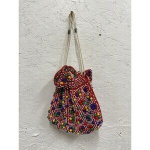 Vintage  Red Candy Button Mutli Color Beaded Hand Bag Draw String Purse EUC